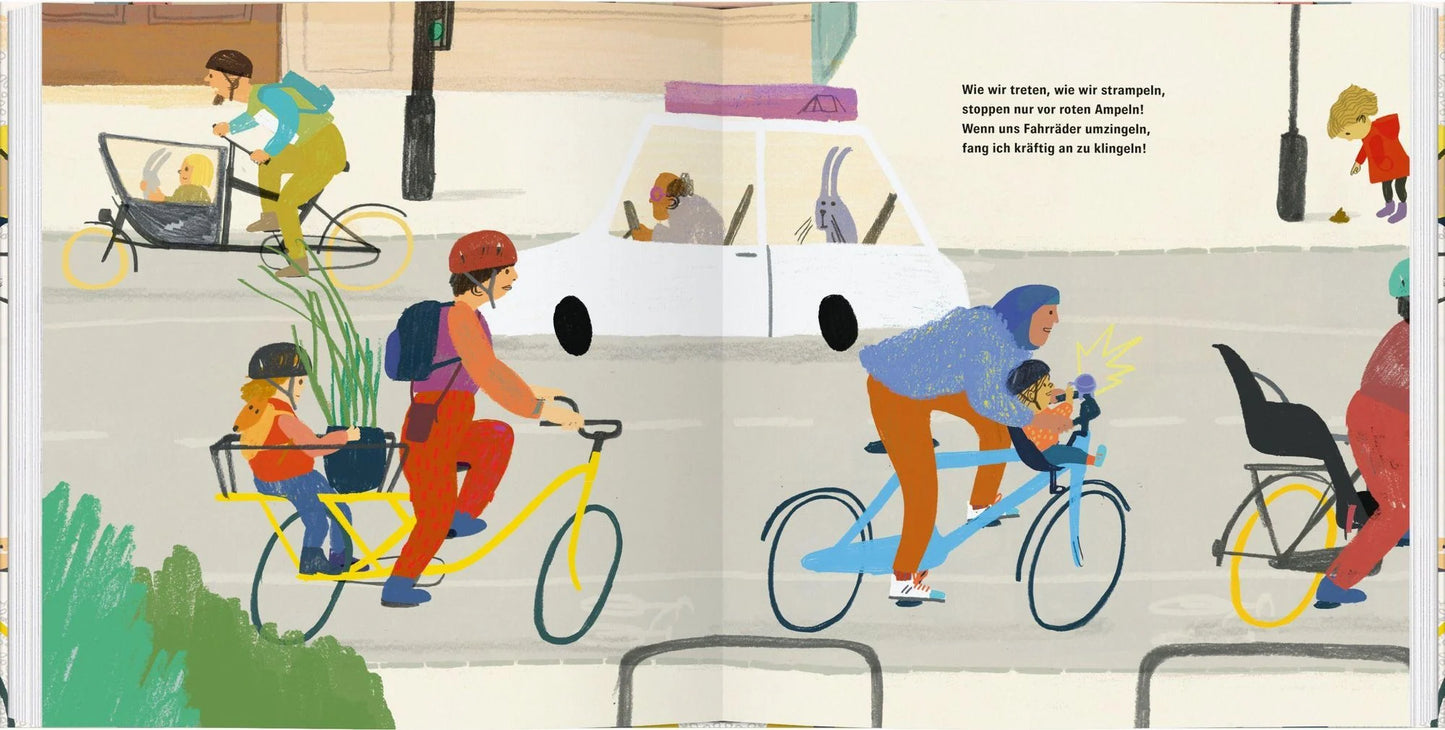Illustration mit verschiedenen Fahrzeugen auf dem Weg zur Kita aus In die Kita, Fertig Los!