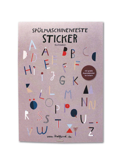 ABC-Stickerbogen von Halfbird – spülmaschinenfeste Buchstaben-Sticker, nachhaltig & kreativ - erhältlich im Bärechind, Winterthur.