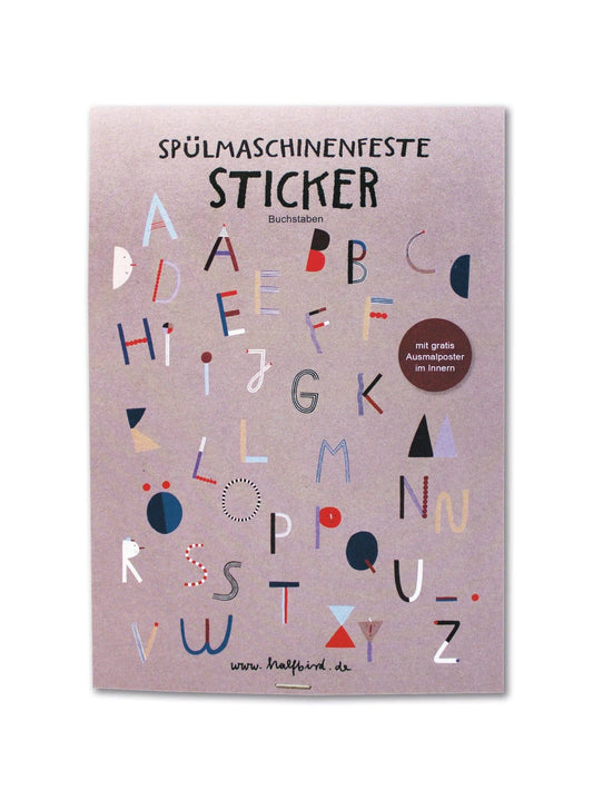 ABC-Stickerbogen von Halfbird – spülmaschinenfeste Buchstaben-Sticker, nachhaltig & kreativ - erhältlich im Bärechind, Winterthur.