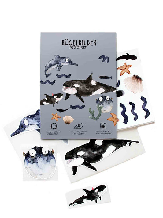 Bügelbild-Set „Meereswelt“ von Halfbird mit Orka, Delfin & Co – zum Aufbügeln, erhältlich im Bärechind in Winterthur