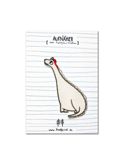 Verpackter Aufnäher „Dino Langhals“ – kreativ & zum Aufbügeln, liebevoll verpackt von Halfbird