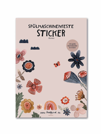 Stickerbogen mit 22 Blumenstickern von Halfbird – spülmaschinenfest & nachhaltig, ideal für Kinderflaschen und Brotdosen