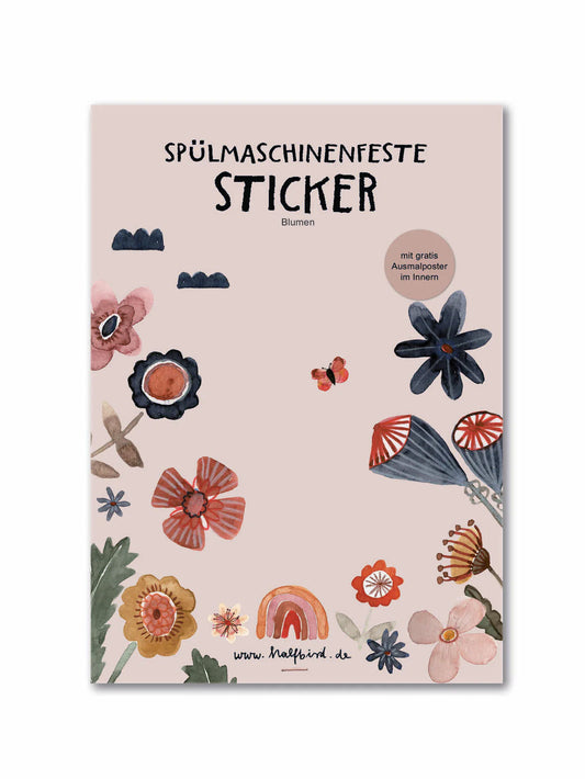 Stickerbogen mit 22 Blumenstickern von Halfbird – spülmaschinenfest & nachhaltig, ideal für Kinderflaschen und Brotdosen