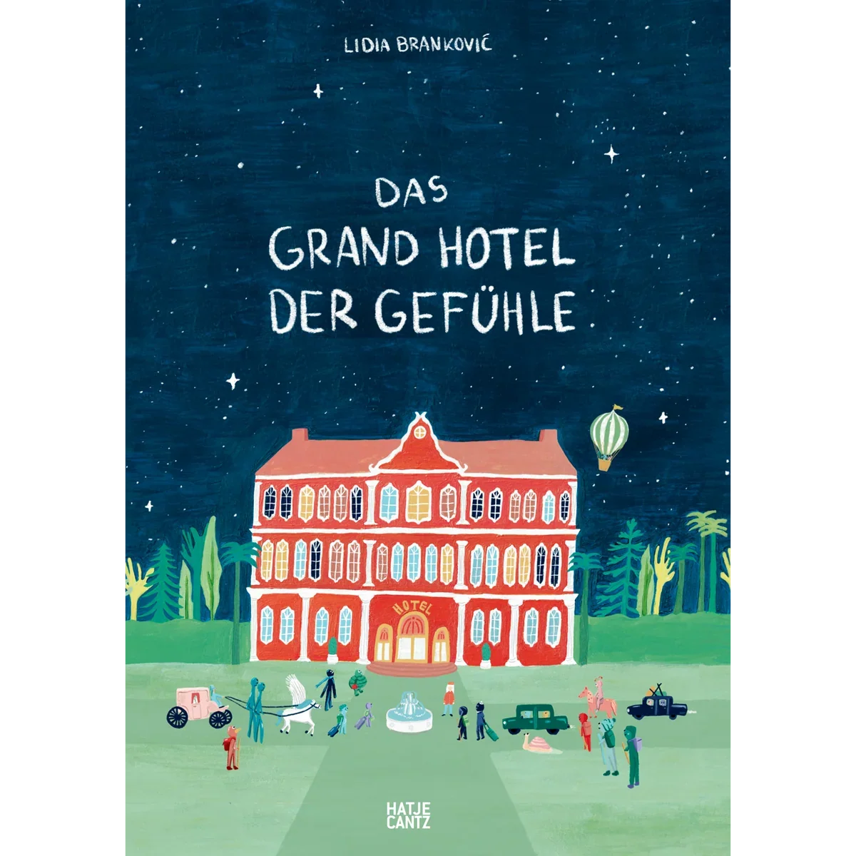 Buchcover von Das Grand Hotel der Gefühle mit beleuchtetem Hotel bei Nacht