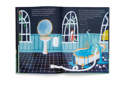 Illustrierte Innenseite aus dem Bilderbuch mit einem Zimmer im Grand Hotel