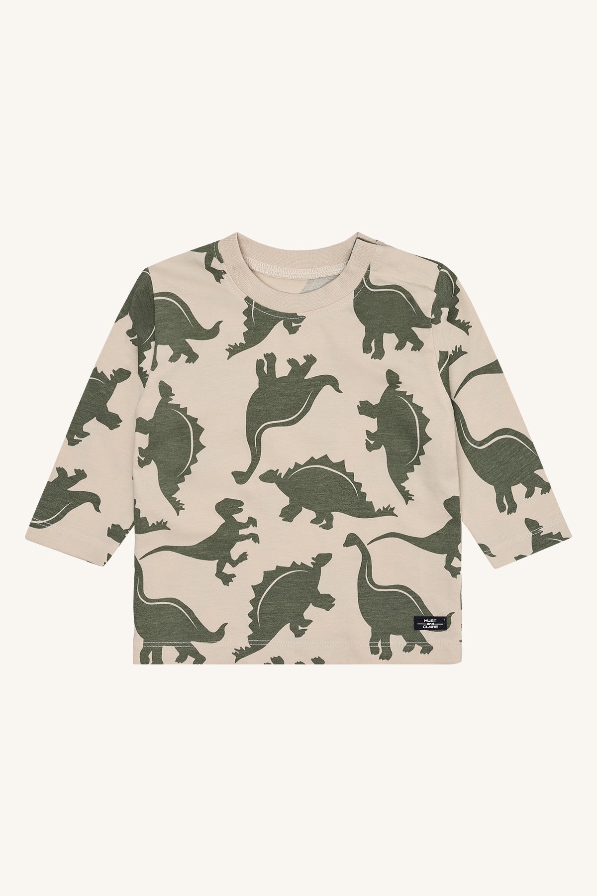 Beiger Baumwollpullover mit grünen Dinosauriern von Hust & Claire, erhältlich bei Bärechind in Winterthur, Zürich Schweiz.