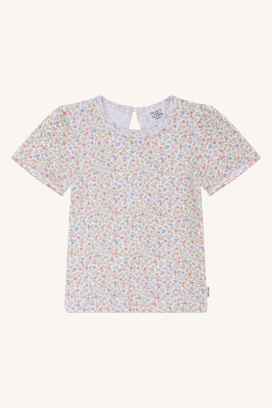 Hust&Claire Alma Blooming GOTS Baumwoll T-Shirt in Weiss mit Blumenmuster, Vorderansicht, im Bärechind Winterthur, Zürich, Schweiz.