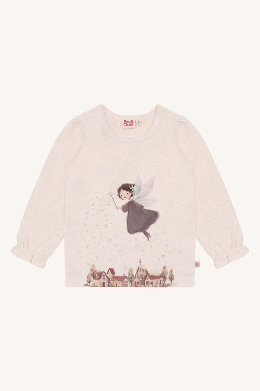 Hust & Claire Alma Langarmshirt in Wheat Melange mit Fee und Winterdorf-Print, Vorderansicht