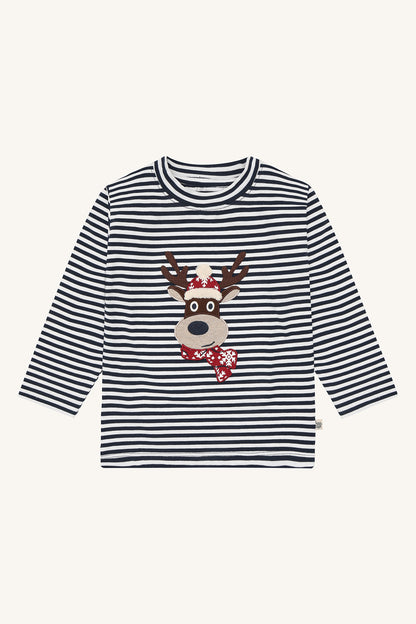 Hust & Claire Anton Langarmshirt mit Rentier-Applikation auf dunkelblau-weissen Ringeln, Vorderansicht