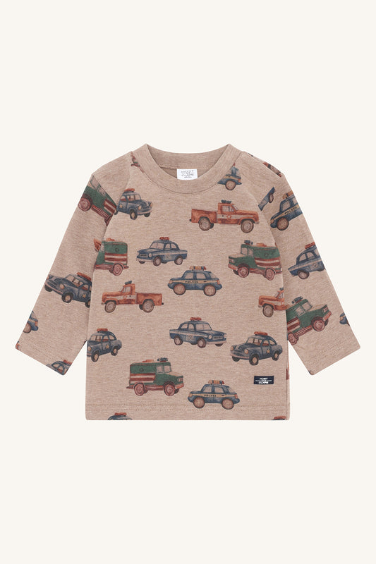 Kinder Longsleeve Anton von Hust&Claire in Biscuit mit Polizeiauto-Motiv, aus Bio-Baumwolle, erhältlich im Bärechind Winterthur, Zürich Schweiz