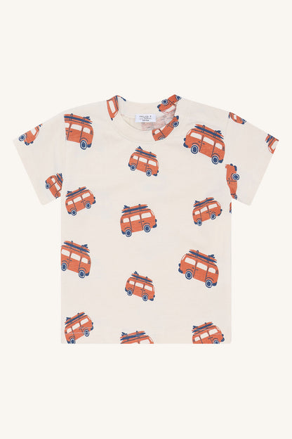 Hust&Claire Anton Van T-Shirt aus Baumwolle in Sandshell mit Van-Muster, Vorderansicht, im Bärechind Winterthur Zürich Schweiz.