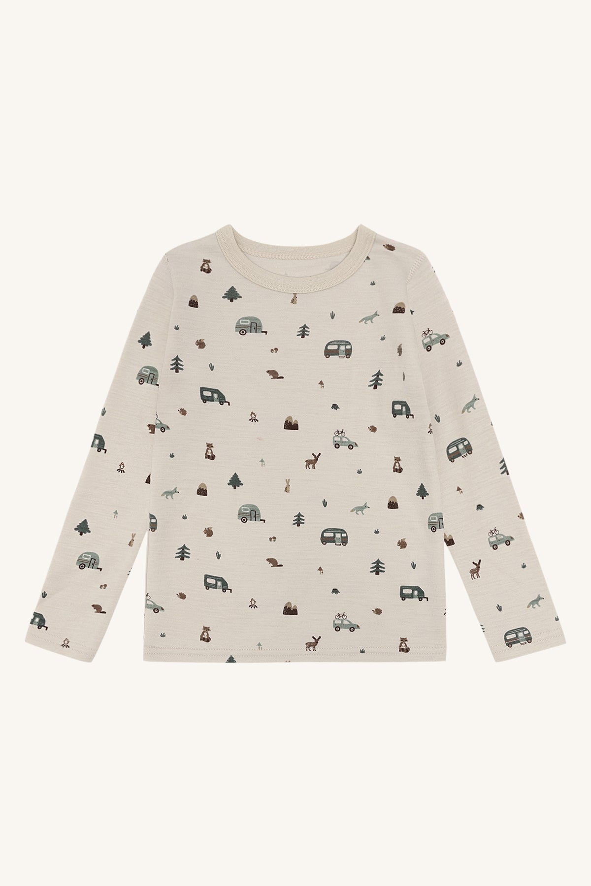 Awo Merino Langarmshirt von Hust & Claire mit Campingprint in French Oak, Vorderansicht