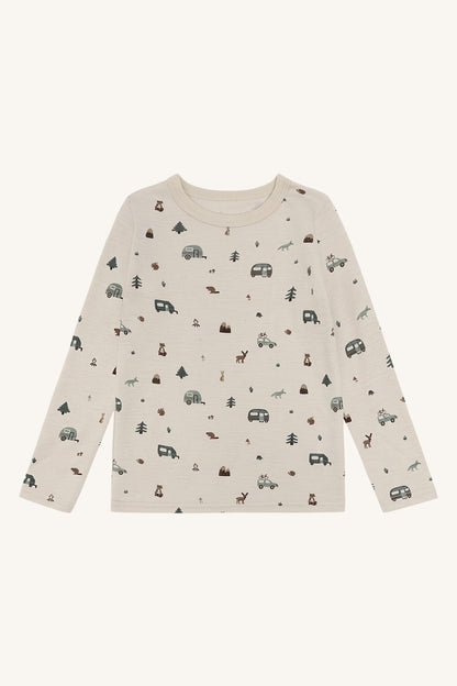 Awo Merino Langarmshirt von Hust & Claire mit Campingprint in French Oak, Vorderansicht
