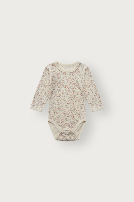 Baloo Merino/Bambus Langarmbody mit Blumenprint in Off White, Vorderansicht