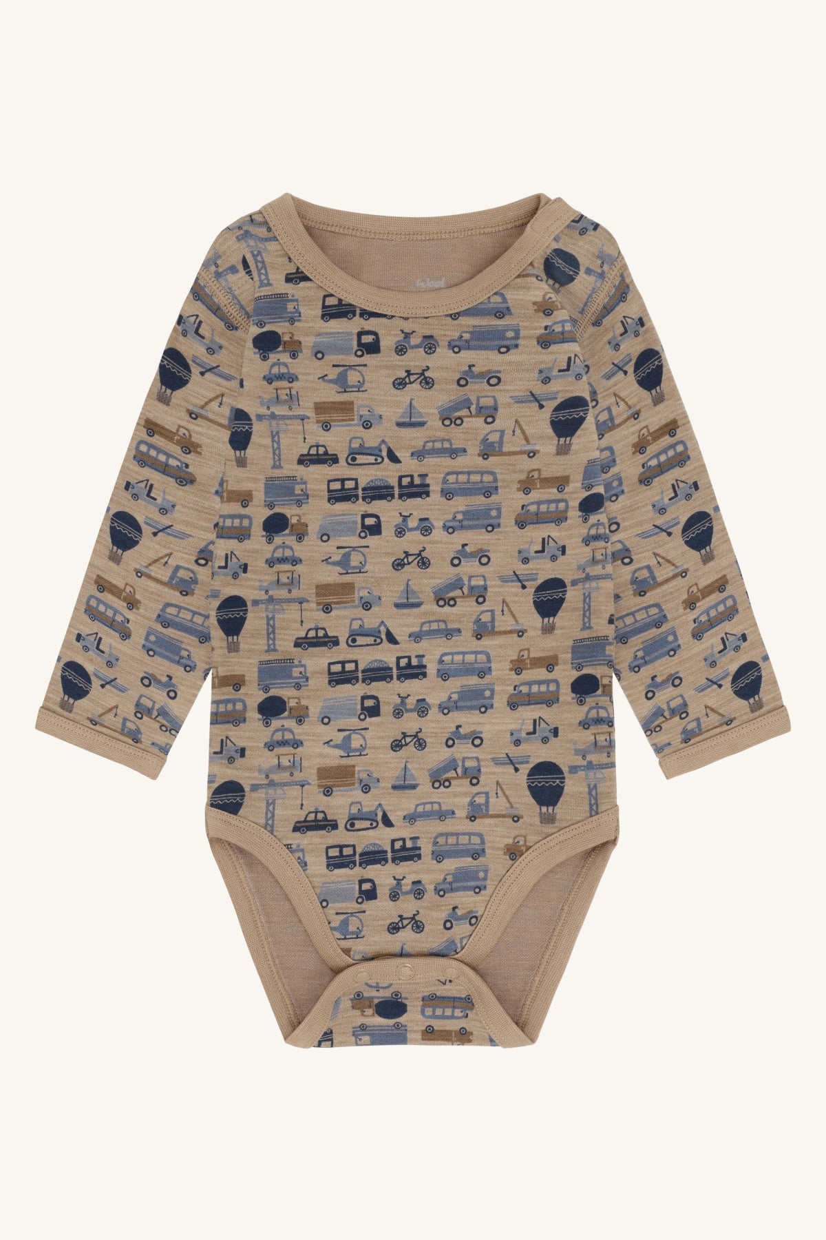 Baloo Merino/Bambus Langarmbody mit Fahrzeugprint, Biscuit, Vorderansicht