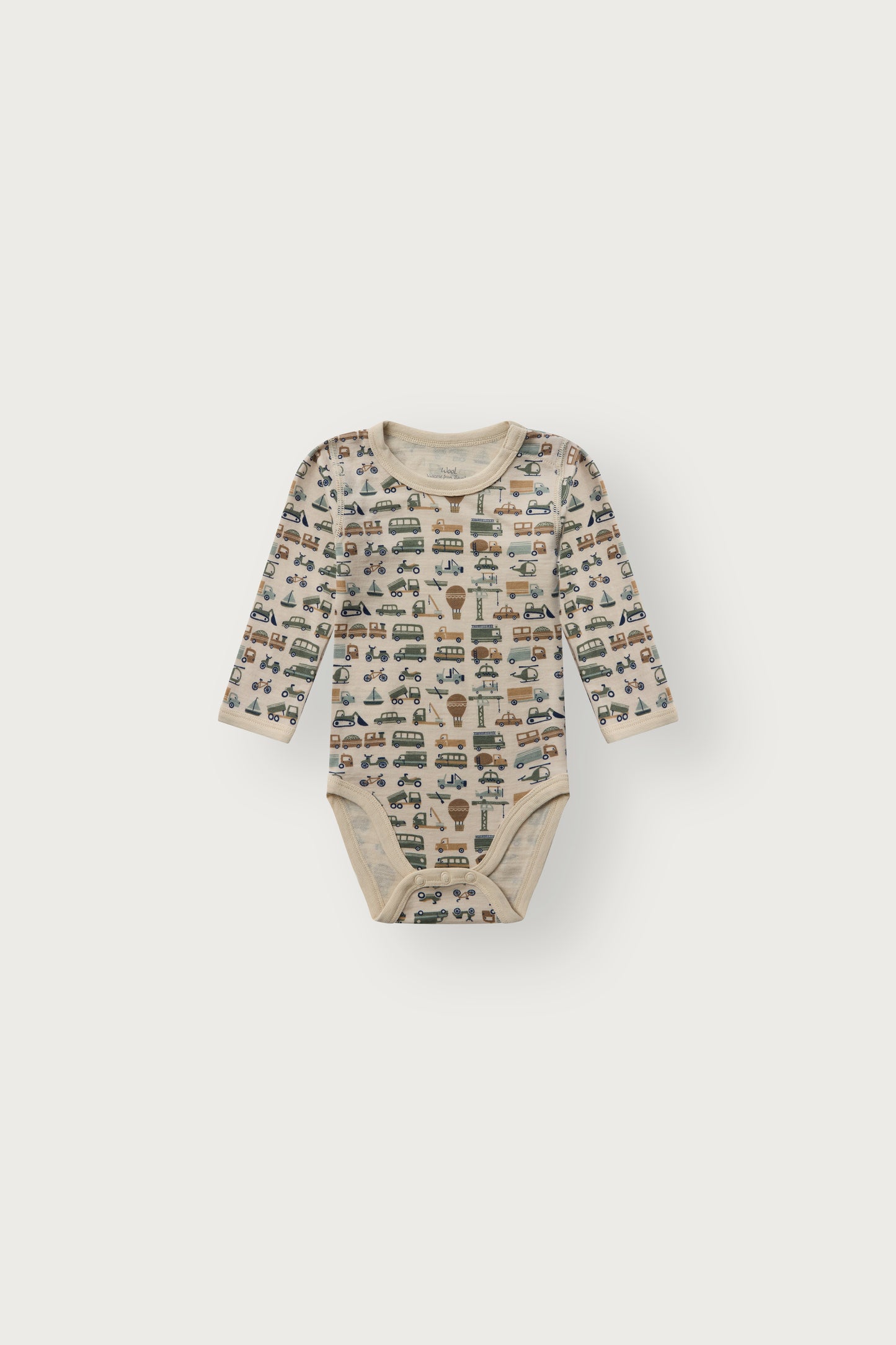 Baloo Merino/Bambus Langarmbody mit Fahrzeugprint, French Oak, Vorderansicht