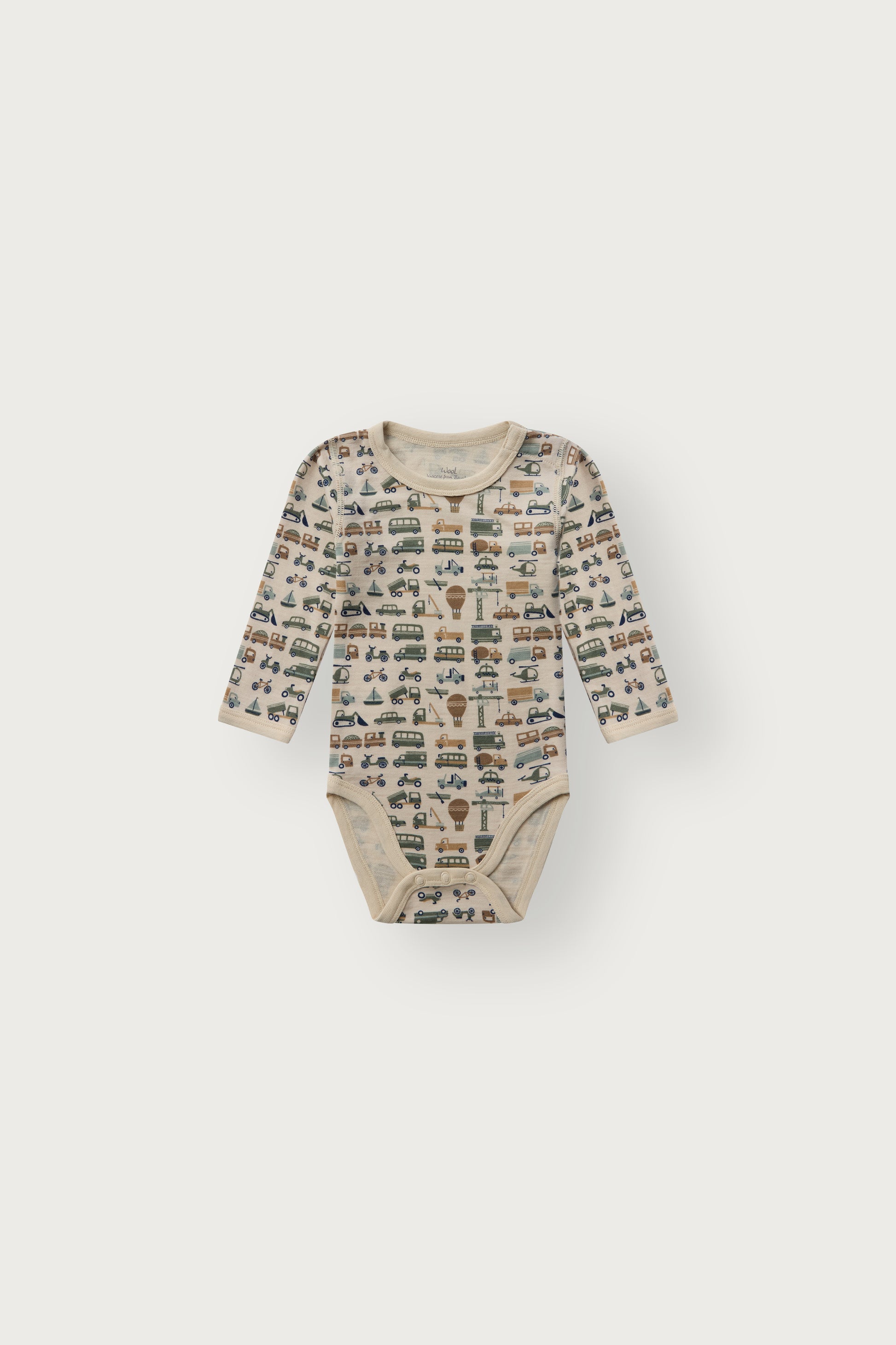 Baloo Merino/Bambus Langarmbody mit Fahrzeugprint, French Oak, Vorderansicht
