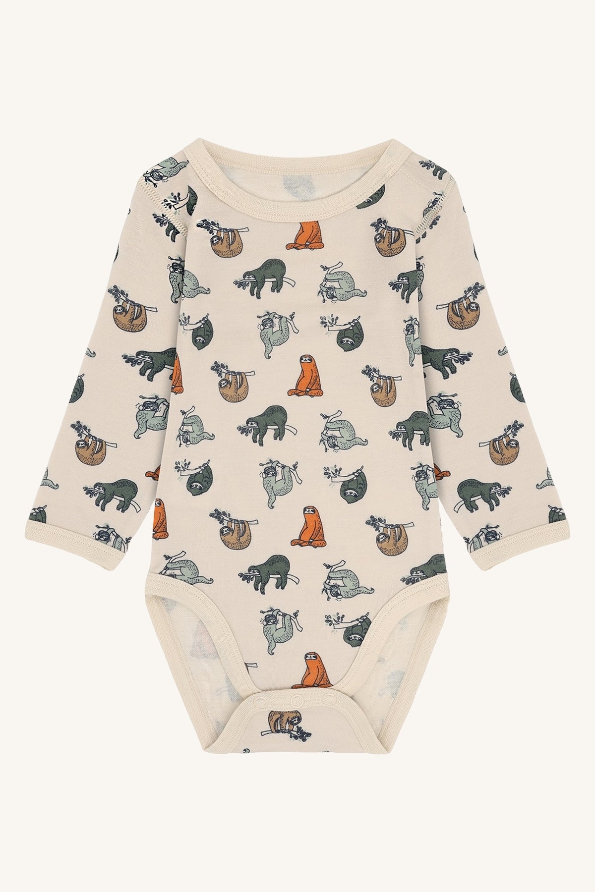 Baloo Merino/Bambus Langarmbody mit Faultierprint, French Oak, Vorderansicht