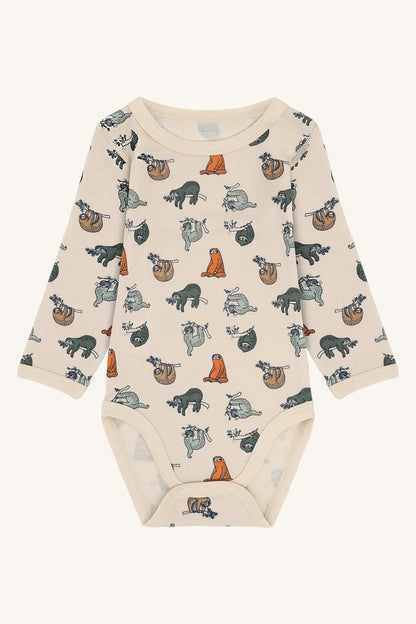 Baloo Merino/Bambus Langarmbody mit Faultierprint, French Oak, Vorderansicht