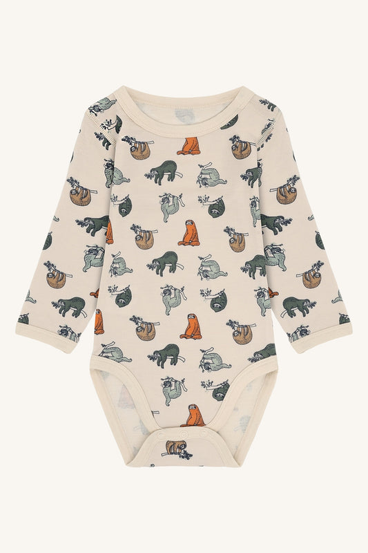 Baloo Merino/Bambus Langarmbody mit Faultierprint, French Oak, Vorderansicht