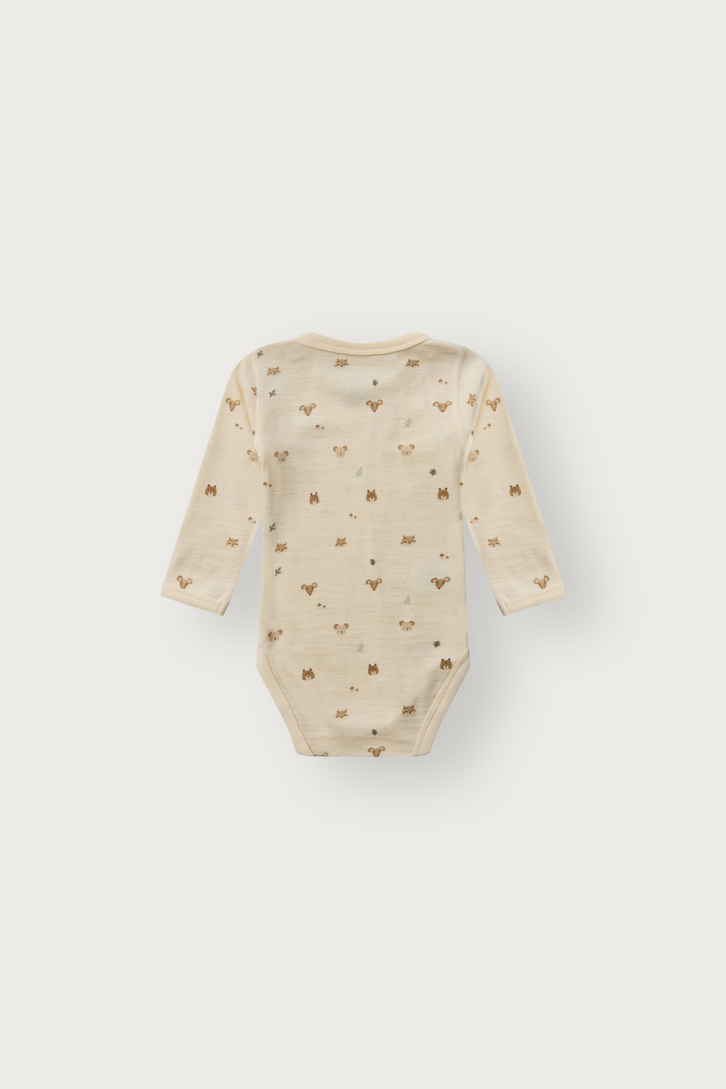 Rückansicht des Baloo Langarmbodys mit Waldtierprint in Off White