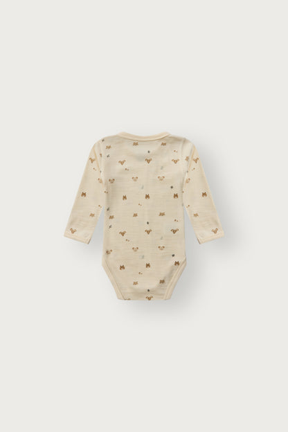 Rückansicht des Baloo Langarmbodys mit Waldtierprint in Off White