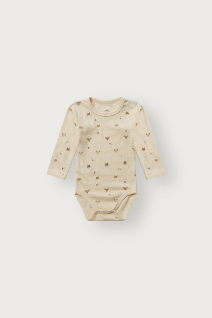Baloo Merino/Bambus Langarmbody mit Waldtierprint, Off White, Vorderansicht