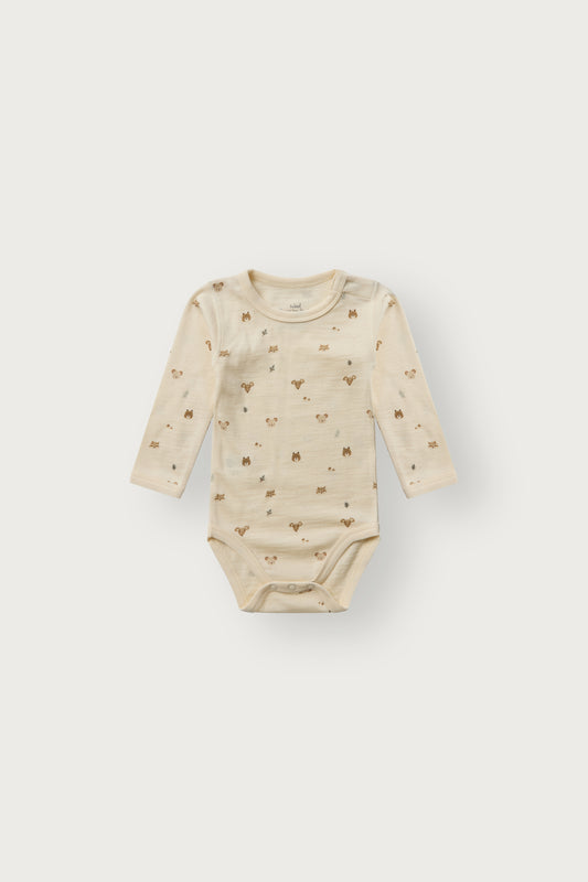 Baloo Merino/Bambus Langarmbody mit Waldtierprint, Off White, Vorderansicht