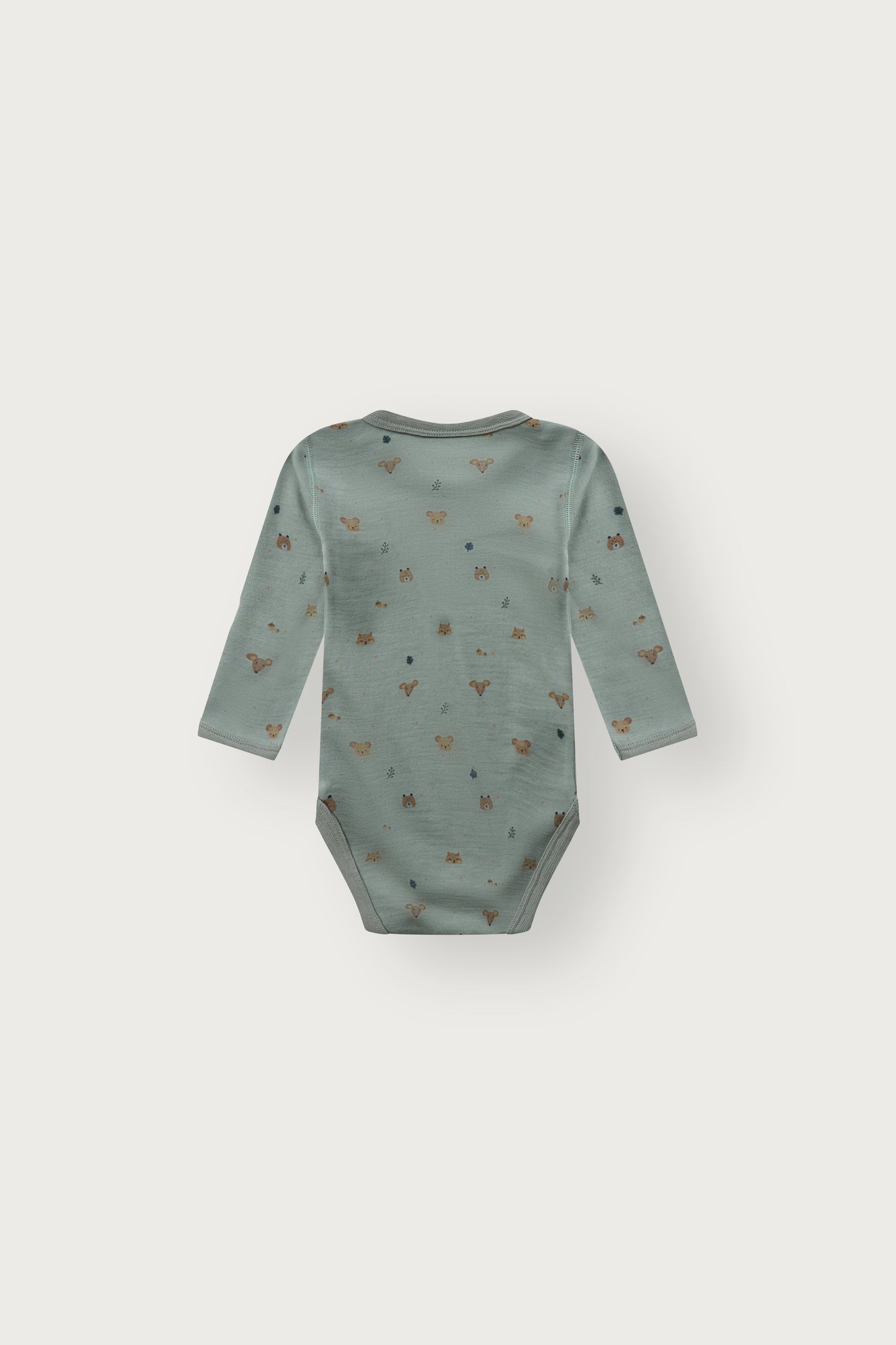 Rückansicht des Baloo Langarmbodys mit Waldtierprint in Slate green