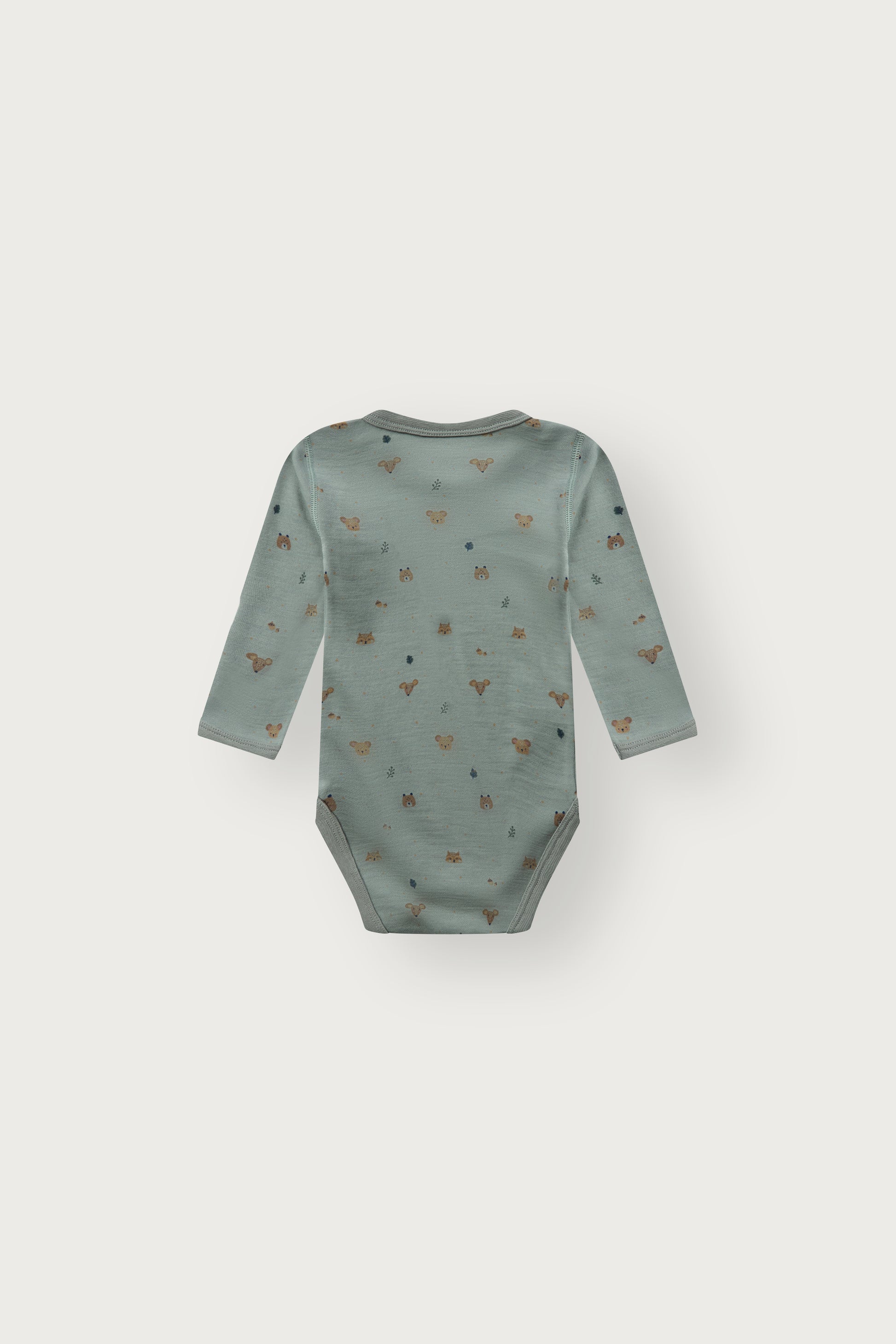 Rückansicht des Baloo Langarmbodys mit Waldtierprint in Slate green