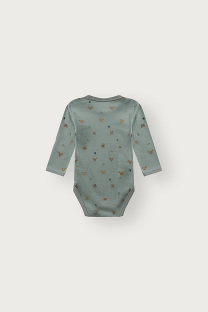 Rückansicht des Baloo Langarmbodys mit Waldtierprint in Slate green