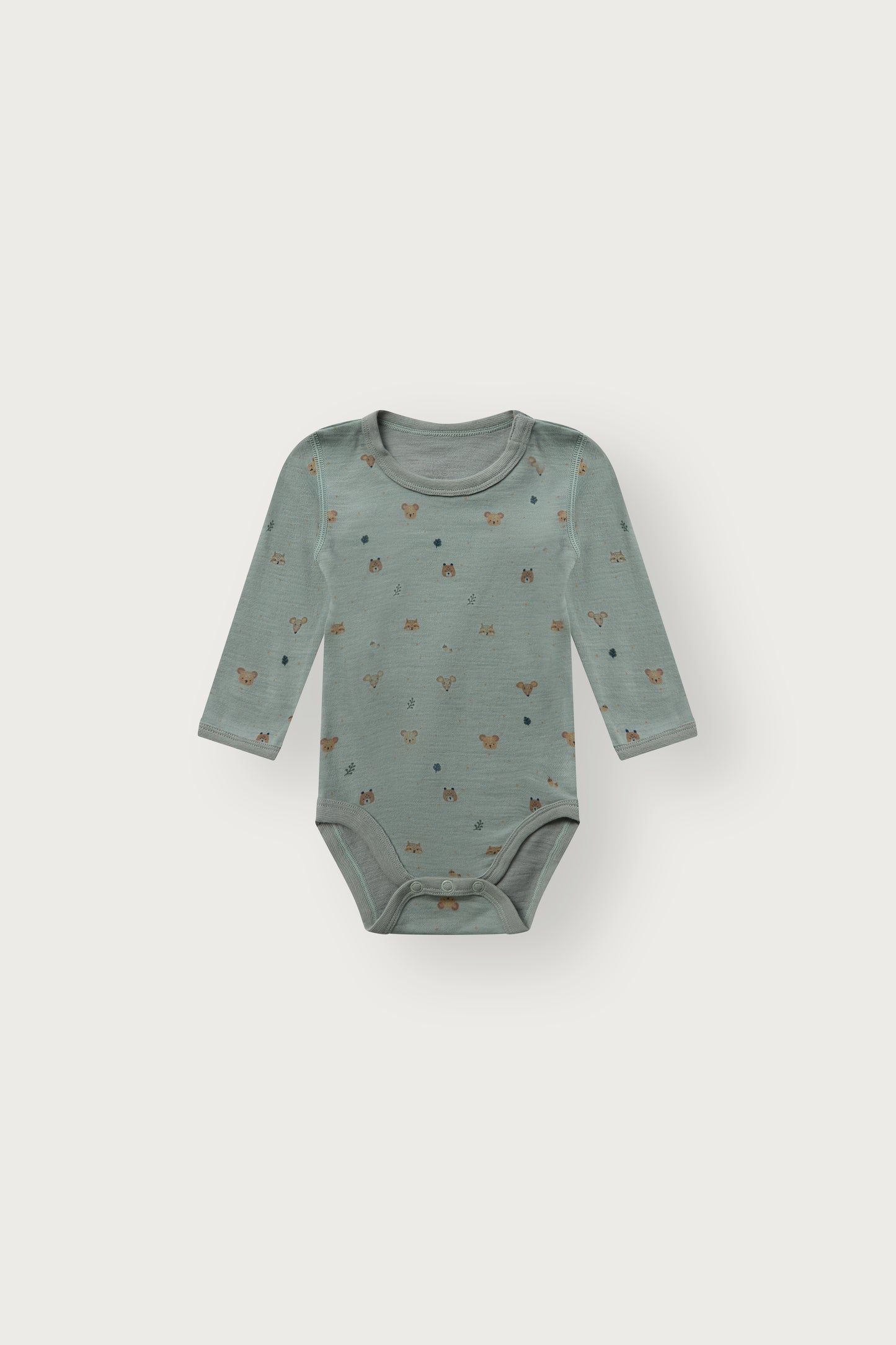 Baloo Merino/Bambus Langarmbody mit Waldtierprint, Slate green, Vorderansicht