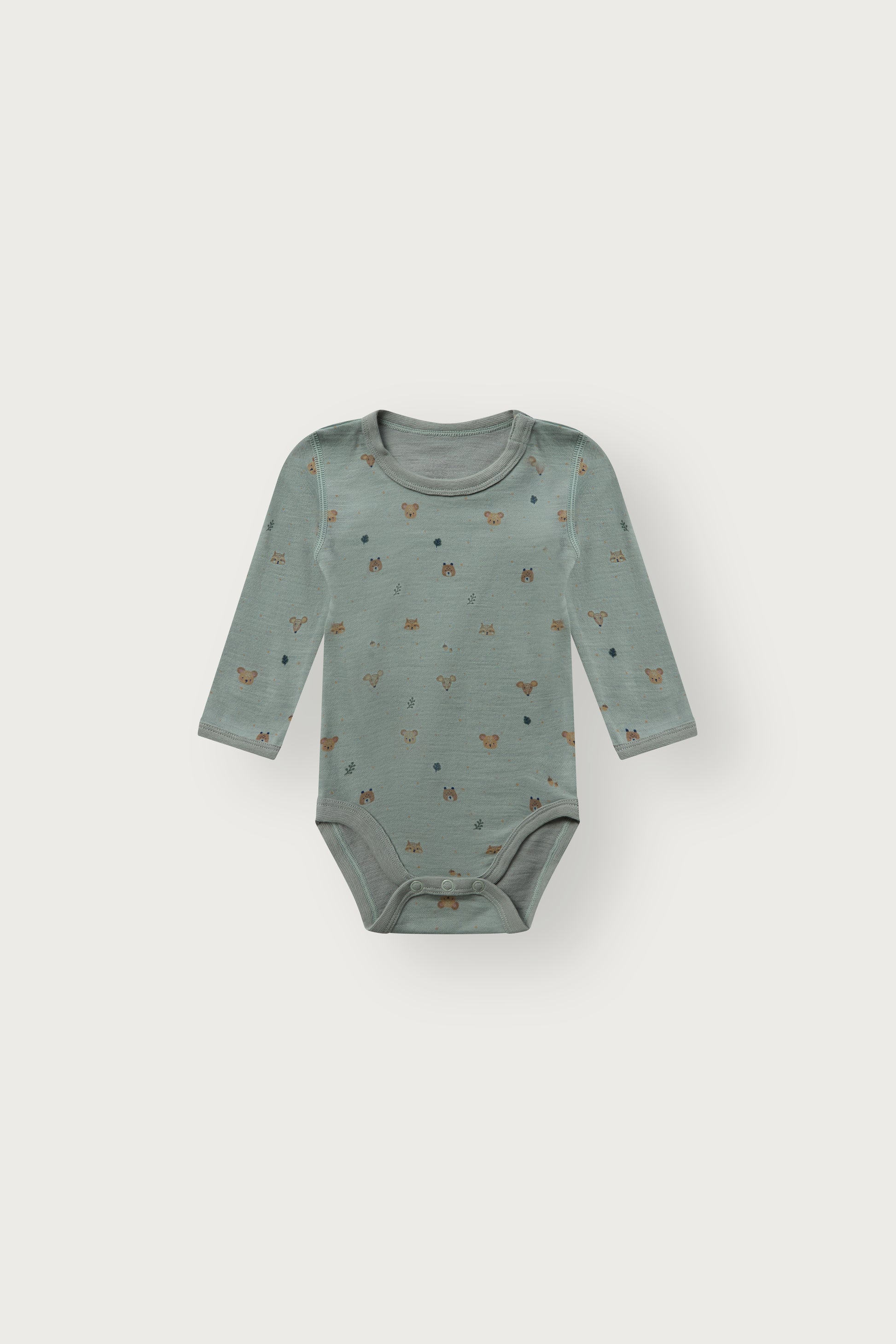 Baloo Merino/Bambus Langarmbody mit Waldtierprint, Slate green, Vorderansicht