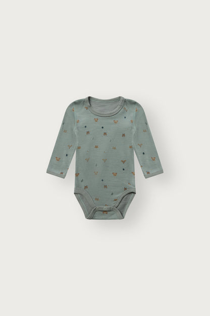 Baloo Merino/Bambus Langarmbody mit Waldtierprint, Slate green, Vorderansicht