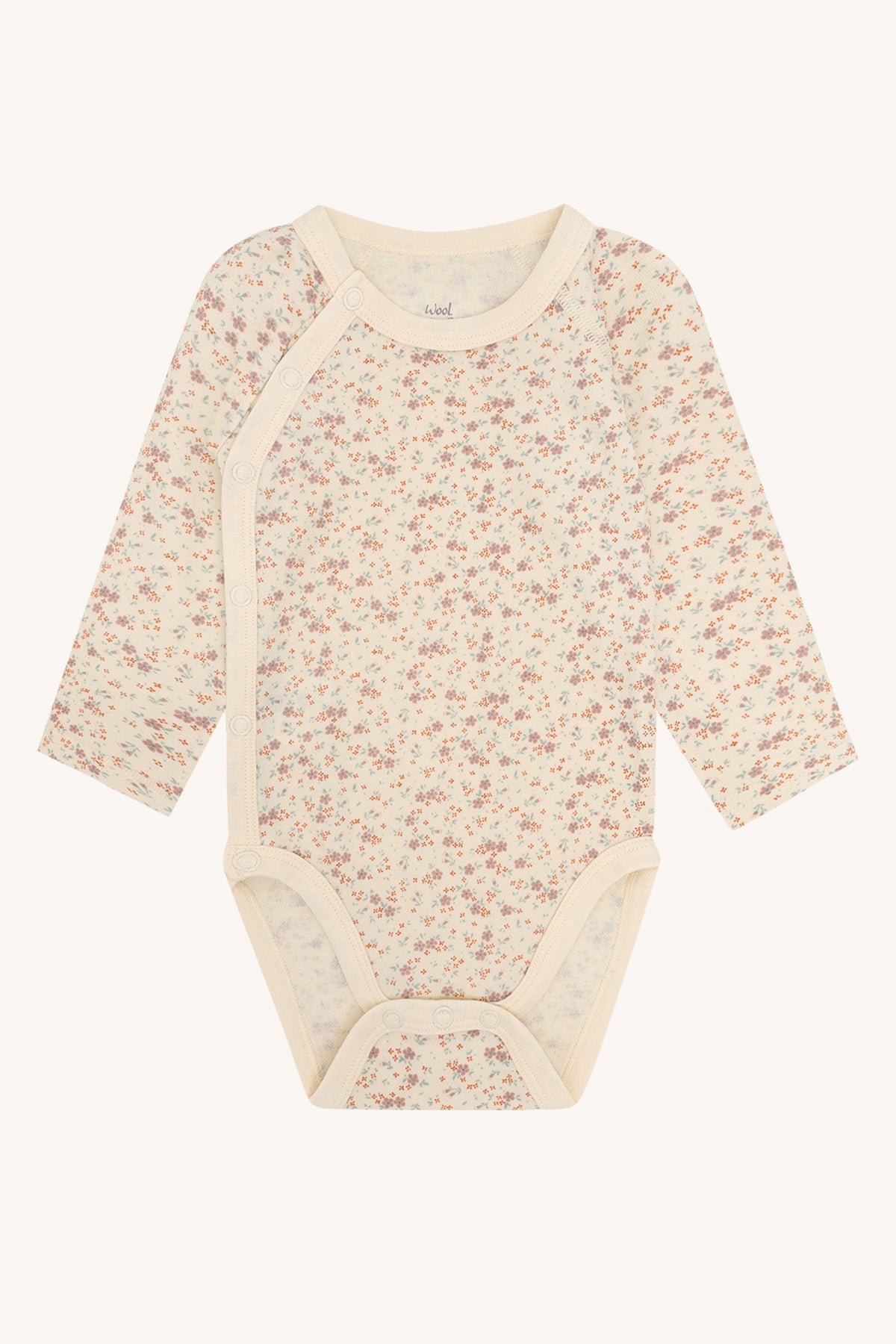 Baloo Merino/Bambus Wickelbody mit Blumenprint in Off White, Vorderansicht