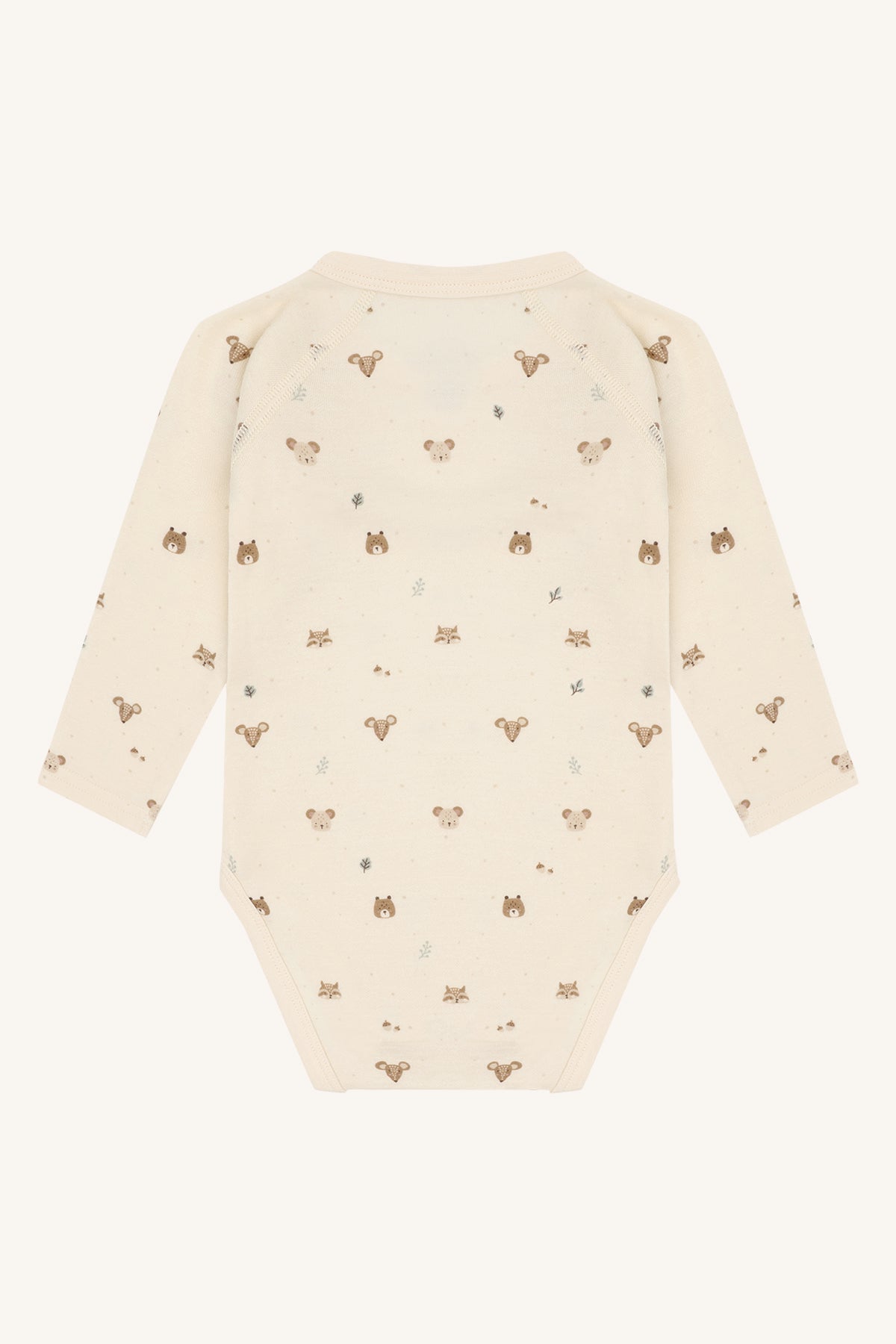 Rückansicht des Baloo Wickelbodys mit Waldtierprint in Off White