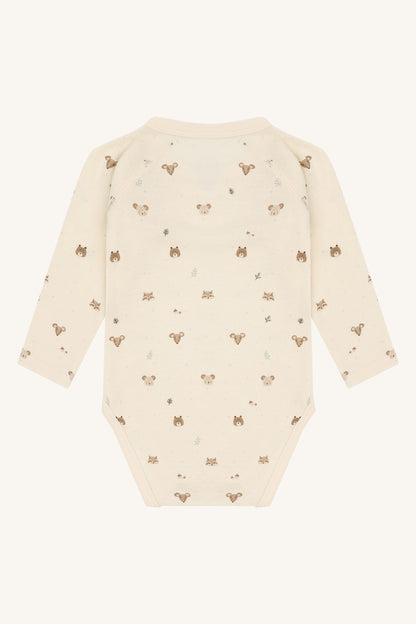 Rückansicht des Baloo Wickelbodys mit Waldtierprint in Off White