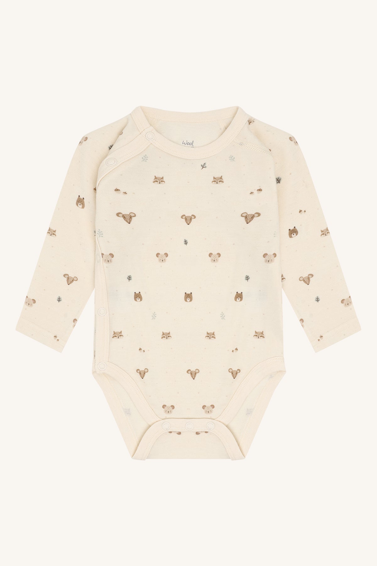 Baloo Merino/Bambus Wickelbody mit Waldtierprint, Off White, Vorderansicht