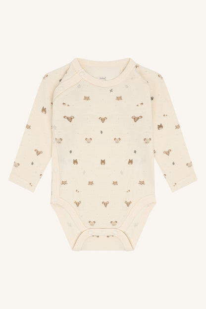 Baloo Merino/Bambus Wickelbody mit Waldtierprint, Off White, Vorderansicht