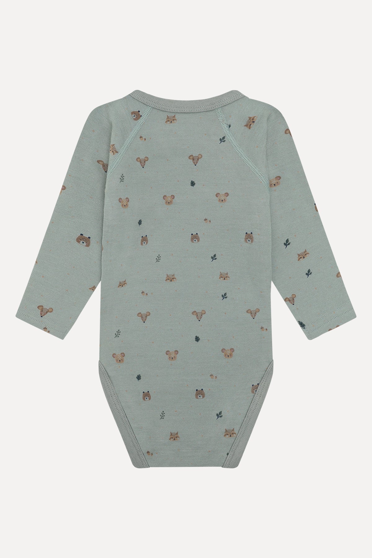 Rückansicht des Baloo Wickelbodys mit Waldtierprint in Slate green