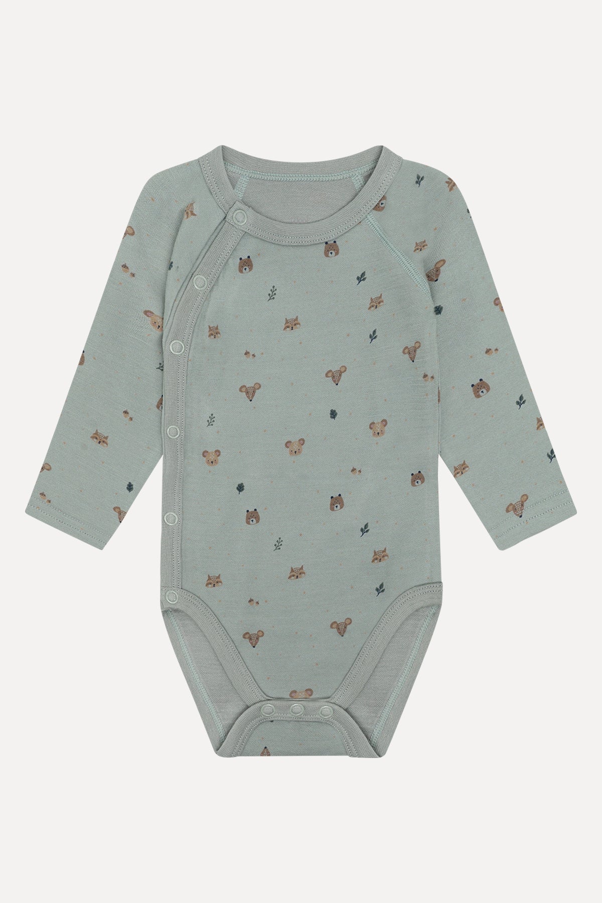 Baloo Merino/Bambus Wickelbody mit Waldtierprint, Slate green, Vorderansicht