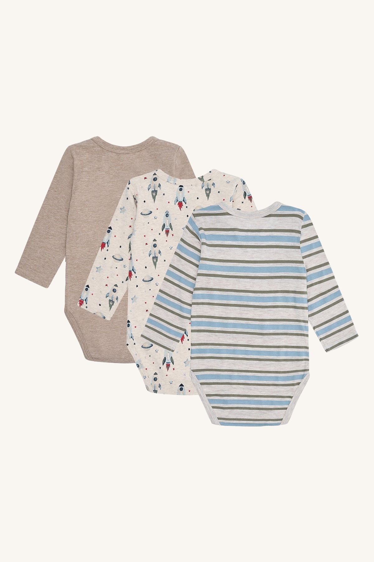 Drei Hust & Claire Bertram Babybodies mit unterschiedlichen Mustern in Wheat Melange