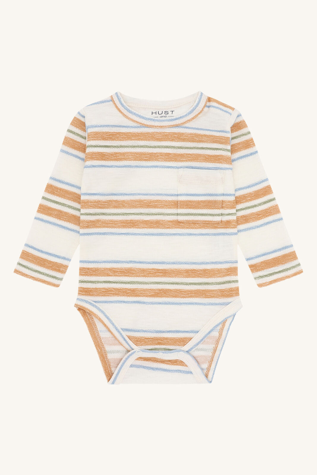 Hust&Claire Bing Streifen Body aus Baumwolle in Sand und Blau – nachhaltige Babymode bei Bärechind in Winterthur, Zürich, Schweiz