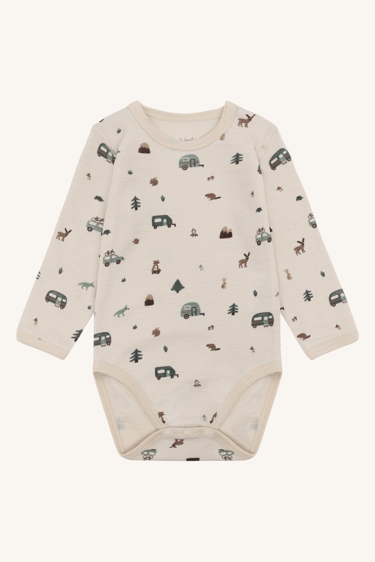 Bo Merino Langarmbody von Hust & Claire mit Campingprint in French Oak, Vorderansicht