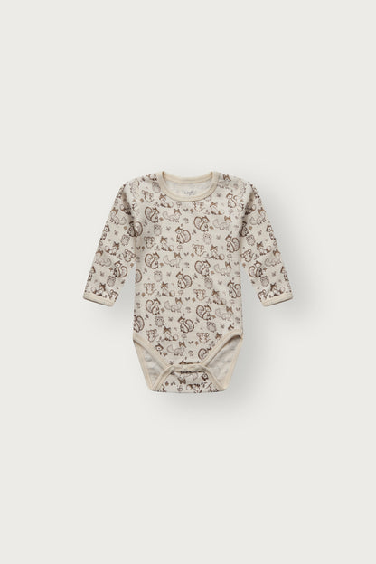 Bo Merino Langarmbody mit Waldtierprint in Off White, Vorderansicht
