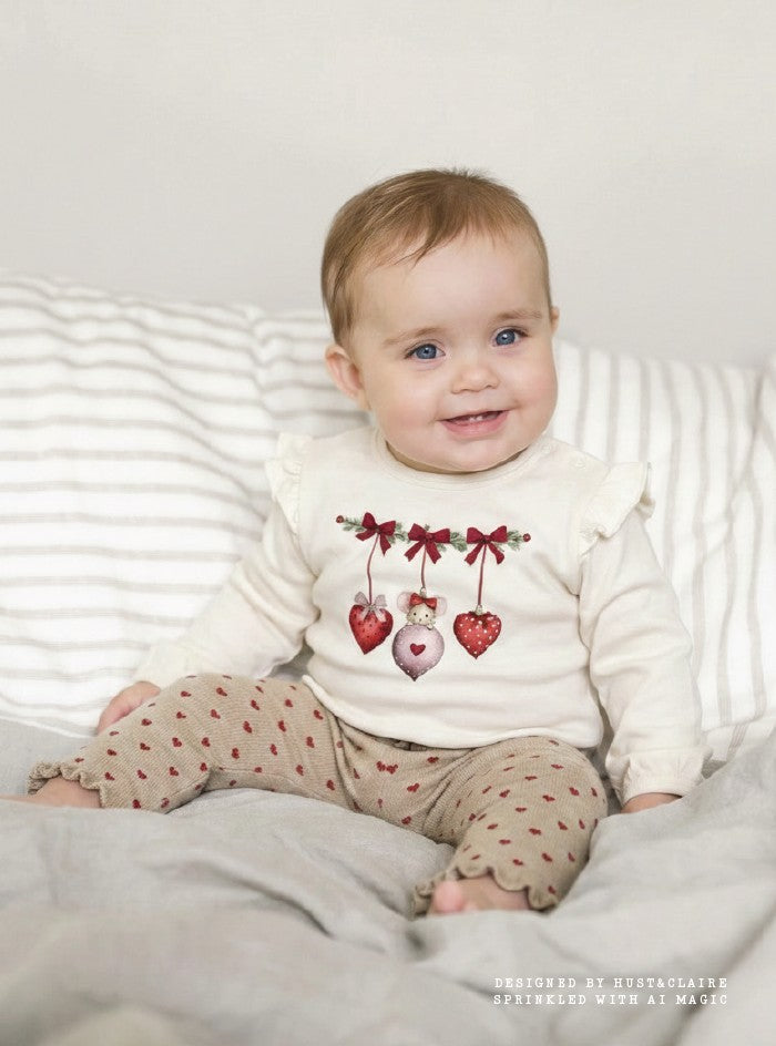Baby trägt den Hust & Claire Britt Langarmbody mit Weihnachtskugel-Print und Rüschen, kombiniert mit der Lisa Strickleggings mit Herzen