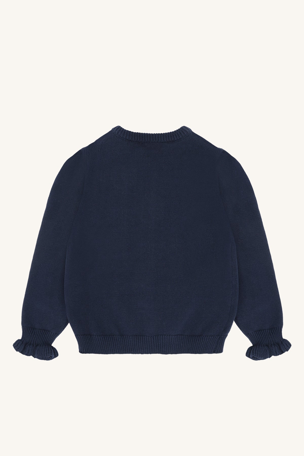 Rückansicht der dunkelblauen Hust&Claire Camilia Strickjacke für Kinder, erhältlich im Bärechind Winterthur, Zürich Schweiz.