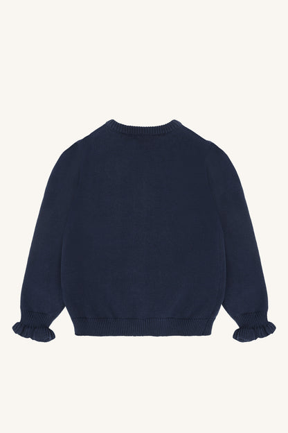 Rückansicht der dunkelblauen Hust&Claire Camilia Strickjacke für Kinder, erhältlich im Bärechind Winterthur, Zürich Schweiz.