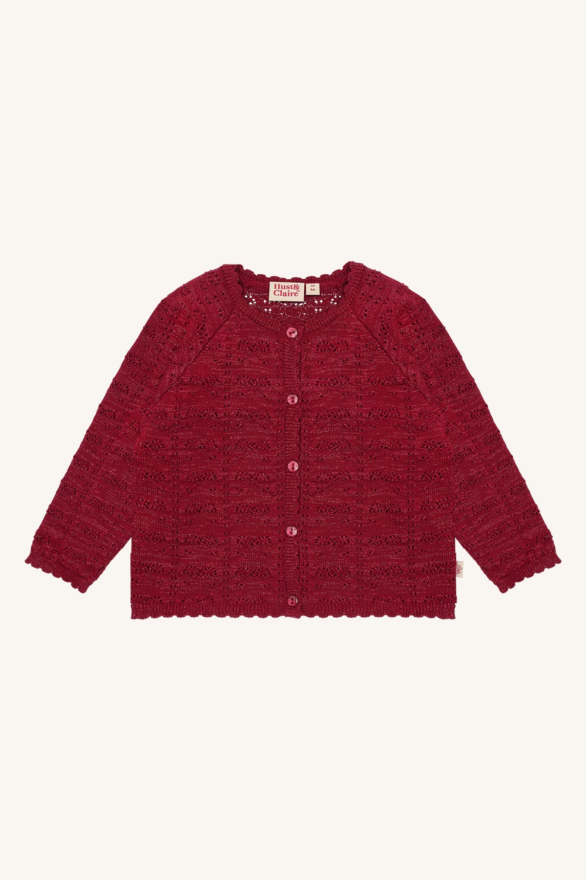 Hust & Claire Cilja Ajour-Strickjacke in Teaberry mit Glitzerfaden, Knopfleiste und Wellenkanten