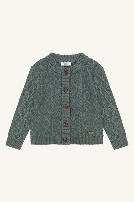 Hust & Claire Curi Wollstrickjacke Balsam Green mit klassischem Zopfmuster